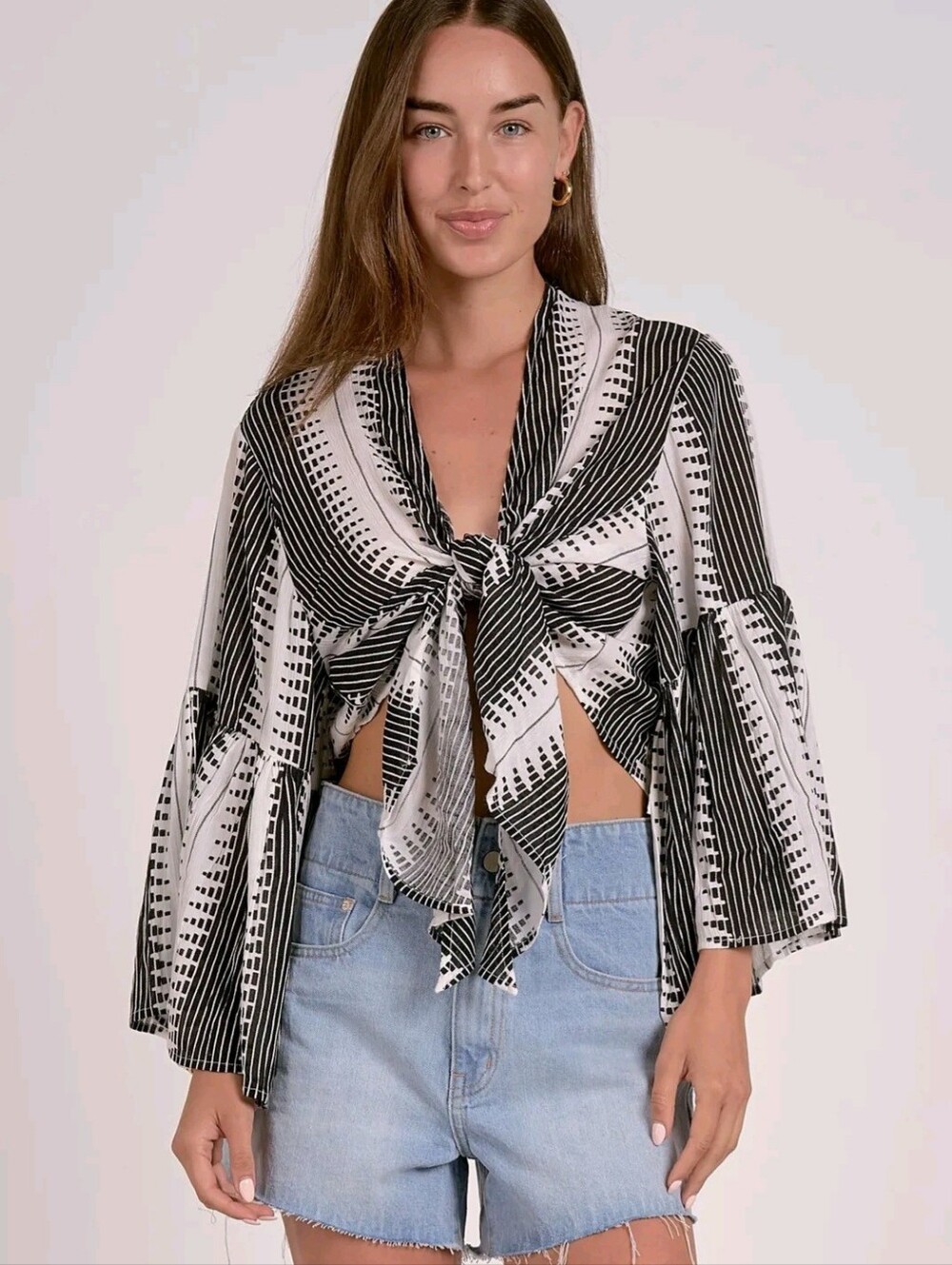 Women's Black and White Tie-Front Blouse